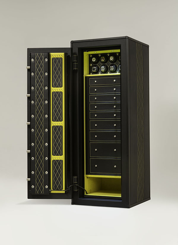 6018 bespoke leather safe in black leather with yellow ultrasuede